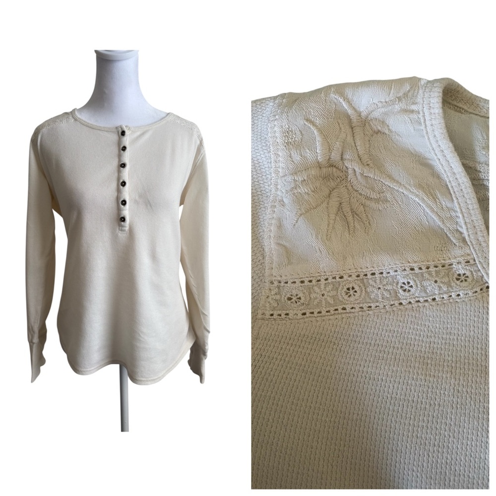 Large Lucky Brand Cream Waffle Knit Floral Embroidered Henley Top